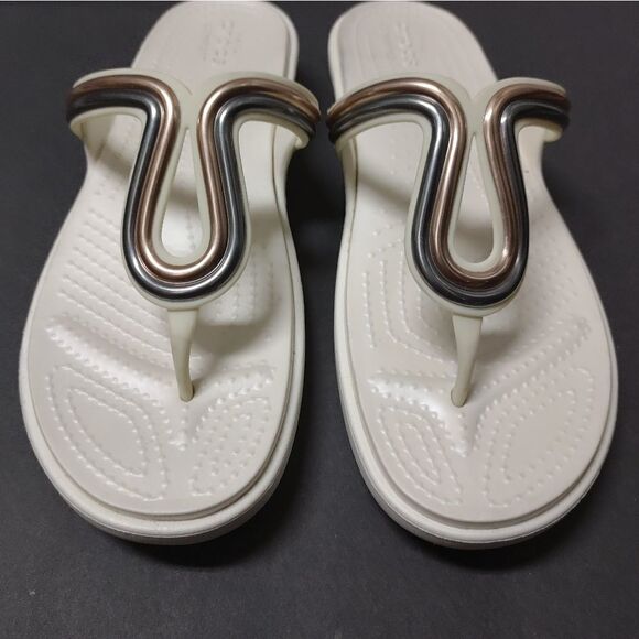 Crocs Sanrah Metalblock rose gold oyster white flat comfort sandals - Picture 1 of 6